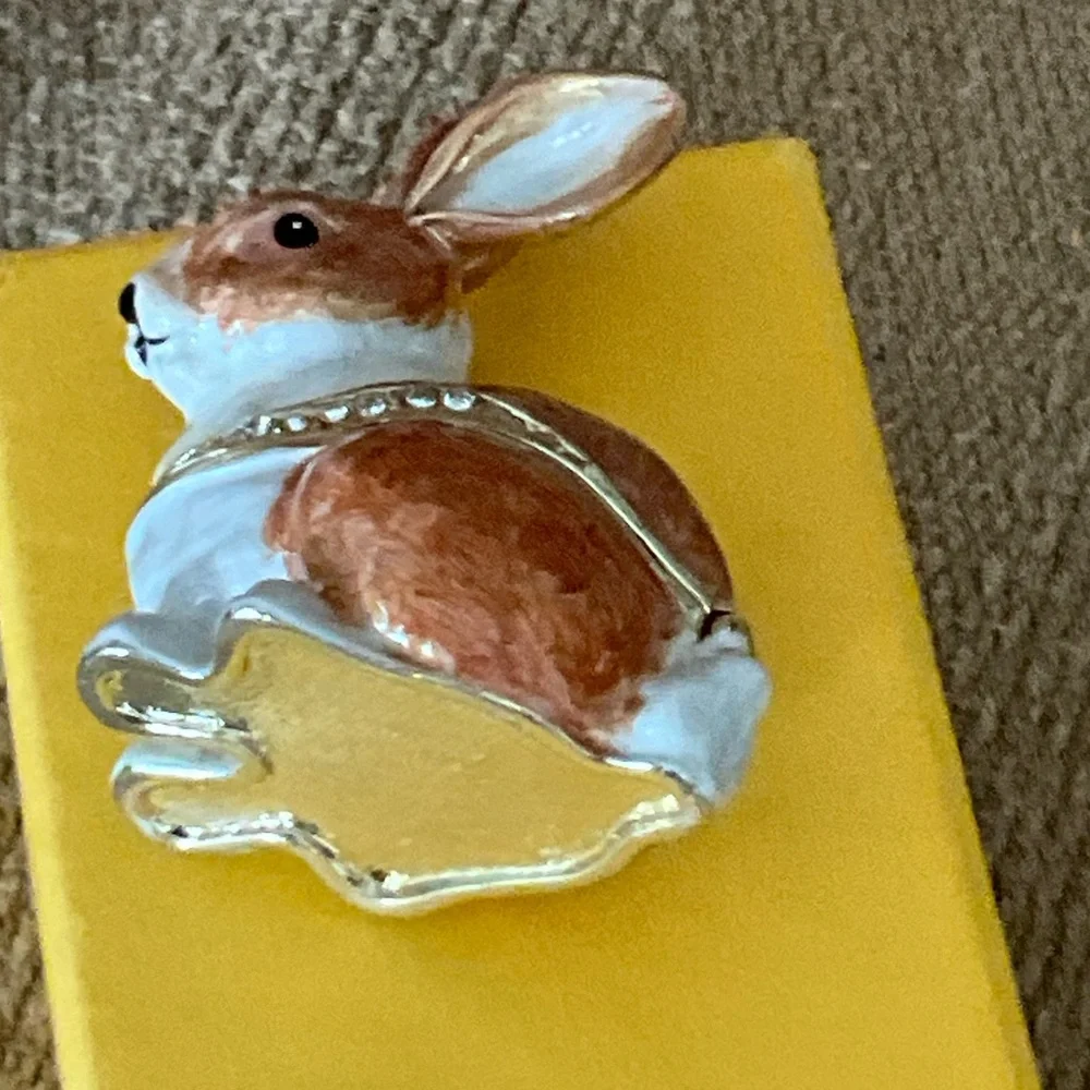 Charming Brown and White Rabbit enamel box with crystals